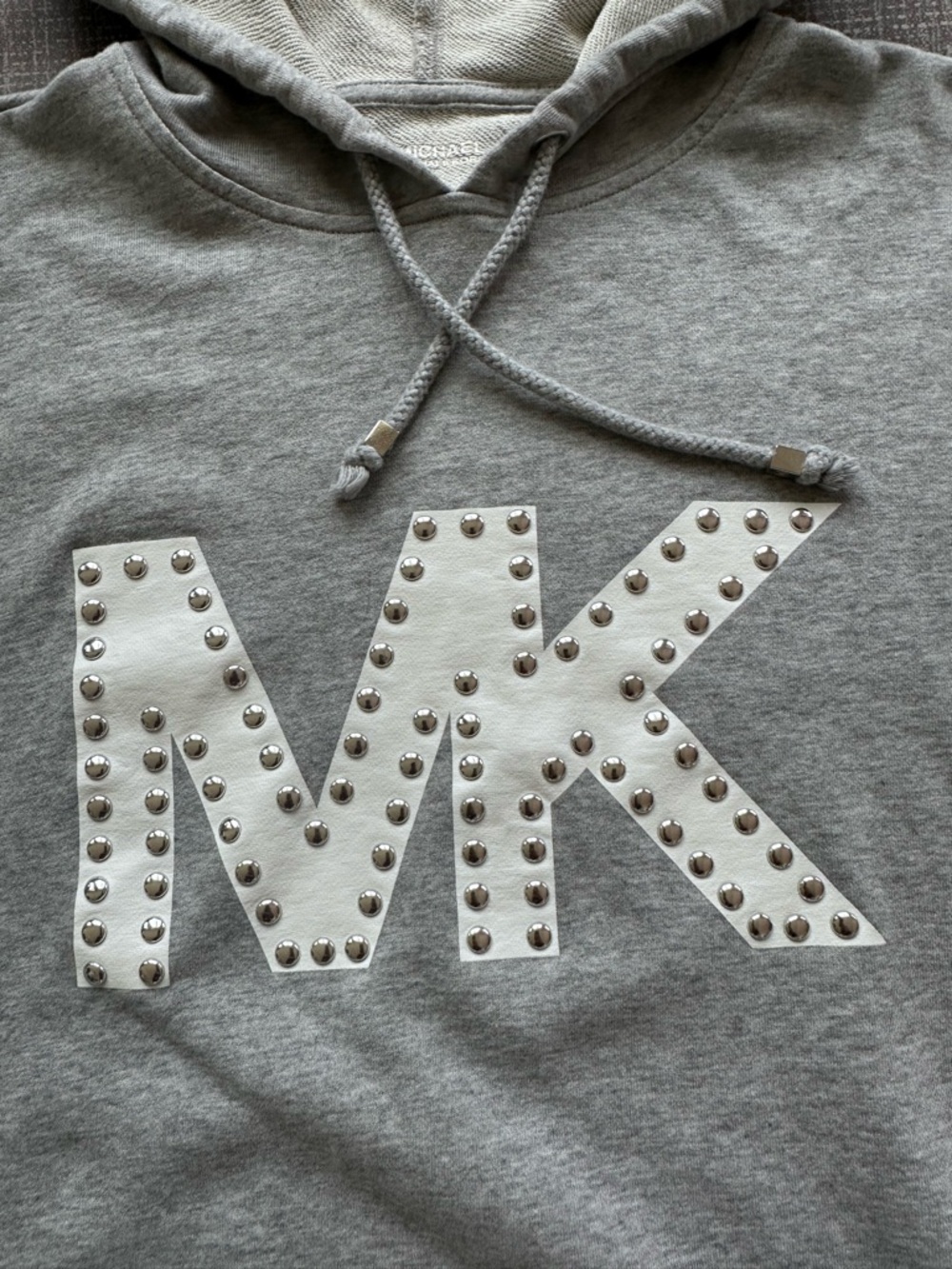 Michael Kors Hoodie Dress Small Gray Cotton Studded MK Logo Hooded Sweatshirt - Picture 3 of 12